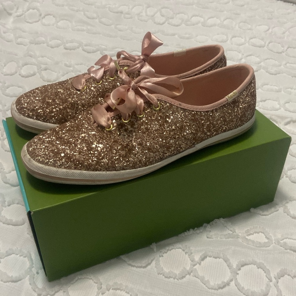 Kate Spade Keds Shoes Women’s 8 Rose Gold Glitter Ribbon Lace
